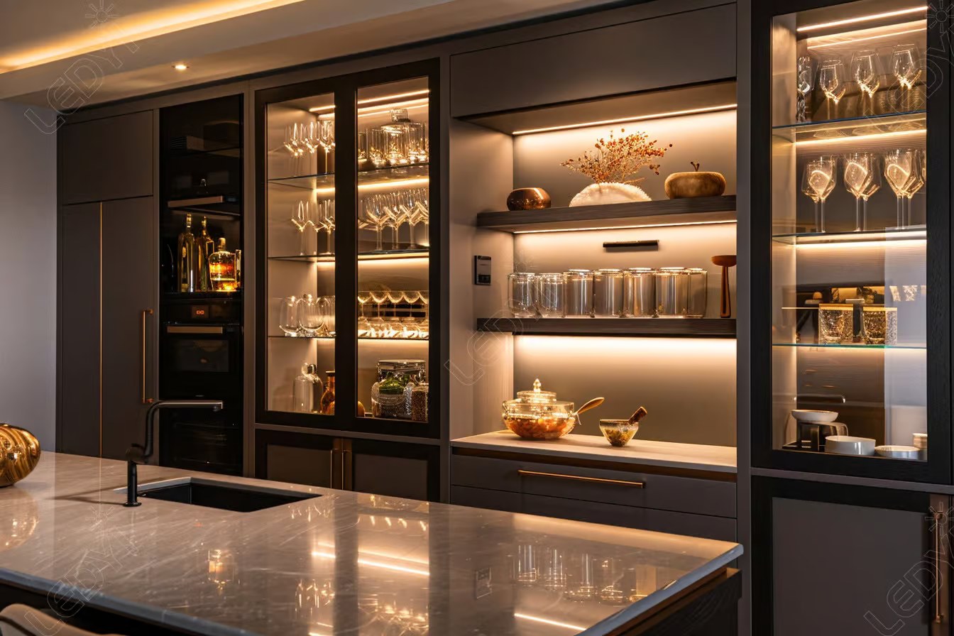 Modern kitchen with LED-lit glass cabinets and marble countertop.