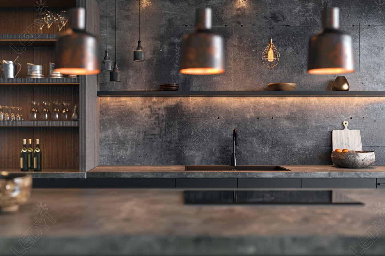 Modern industrial kitchen with pendant lights and open shelving.