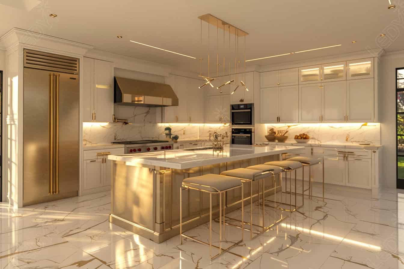 Luxury kitchen with marble countertops and gold accents.