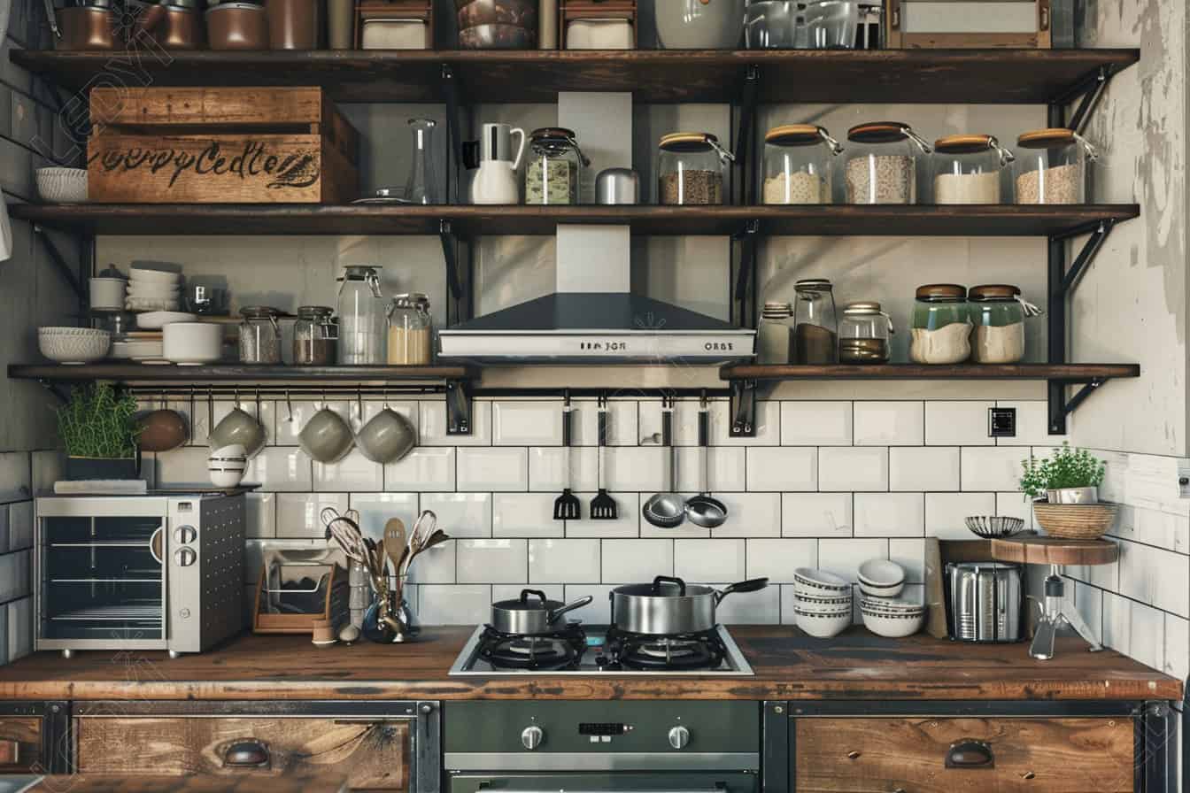 Modern kitchen with open shelving and various utensils.