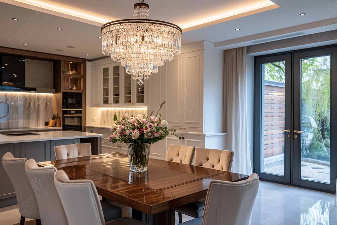 Elegant modern dining room with chandelier and flowers.