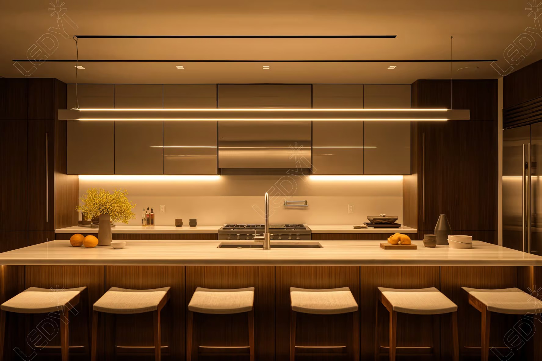 Modern kitchen with island, bar stools, and accent lighting.