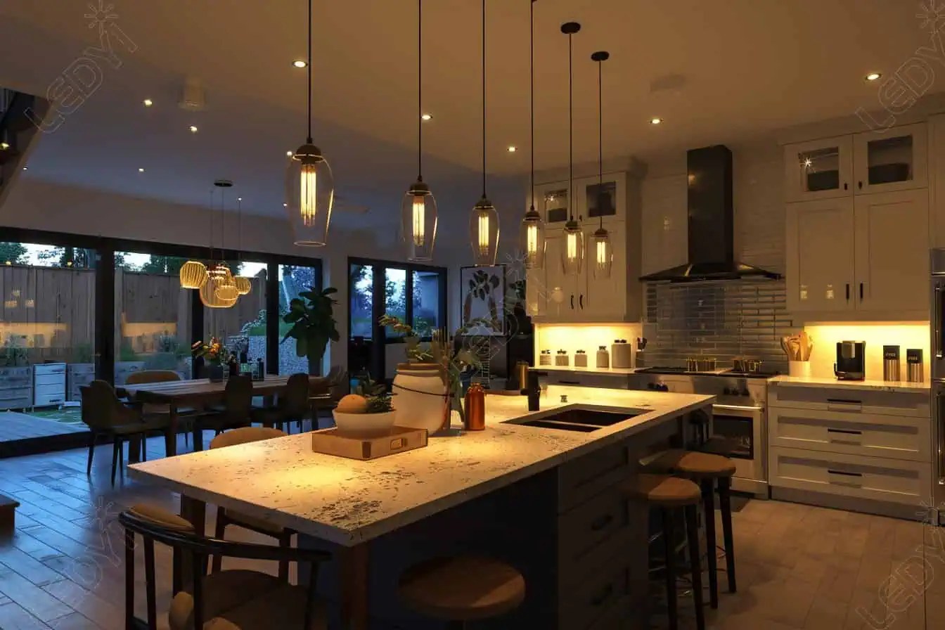 Modern kitchen with stylish pendant lighting.