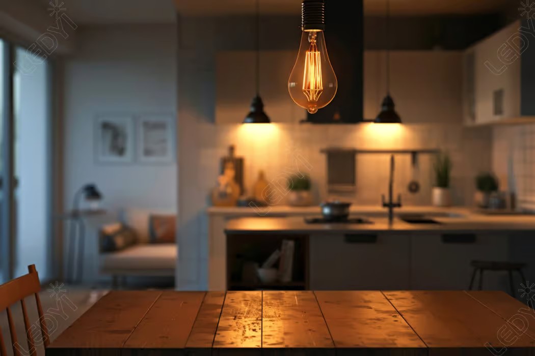 Warmly lit modern kitchen with hanging light bulb.