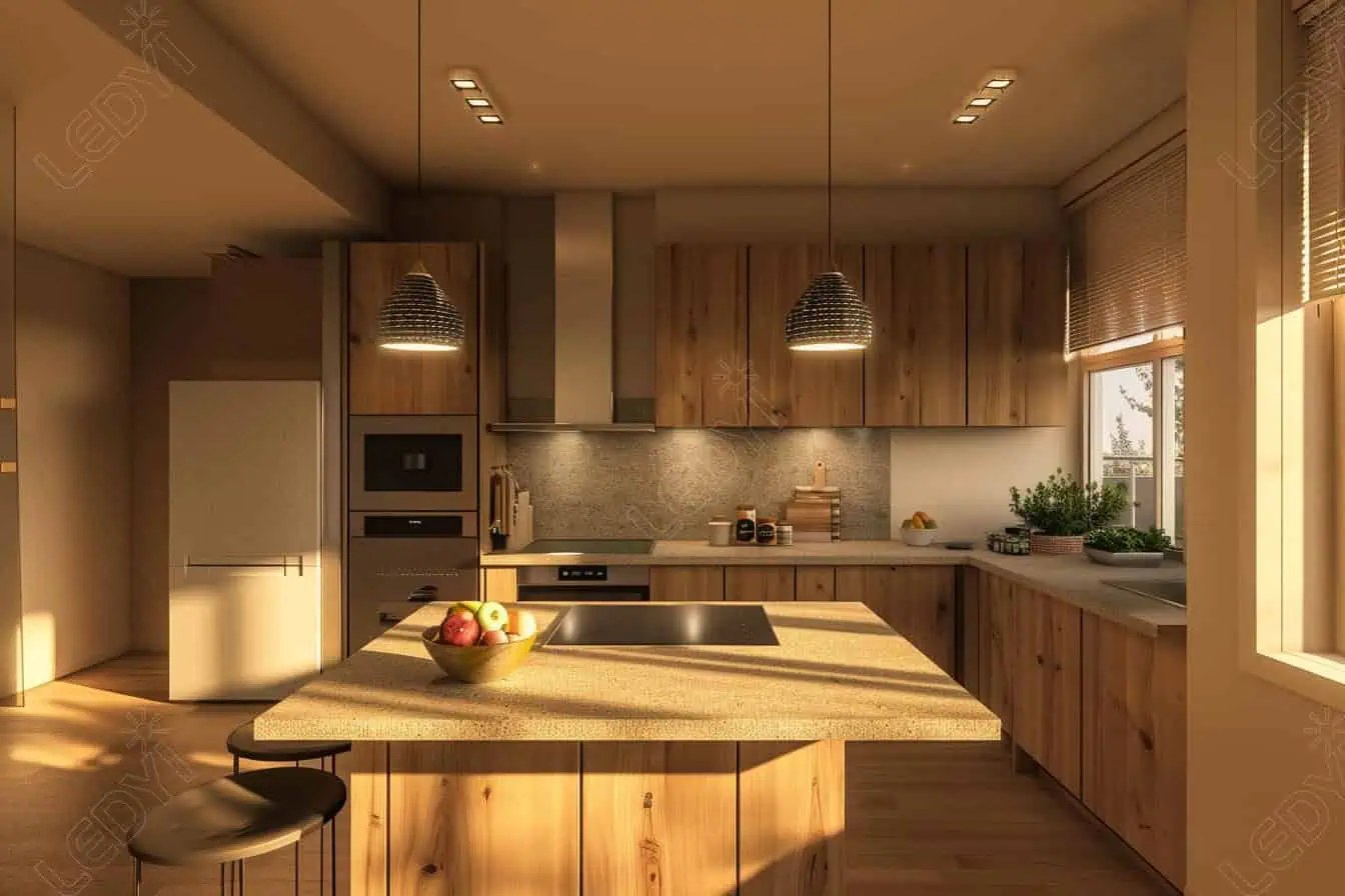 Modern kitchen interior with wooden cabinets and island.