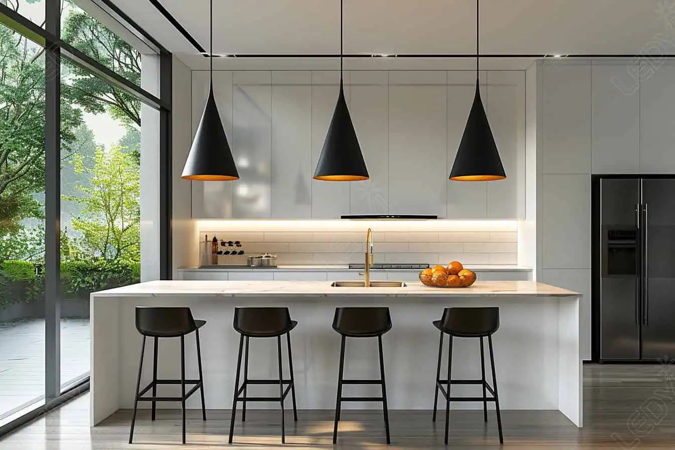 Modern kitchen with island, pendant lights, and large window.