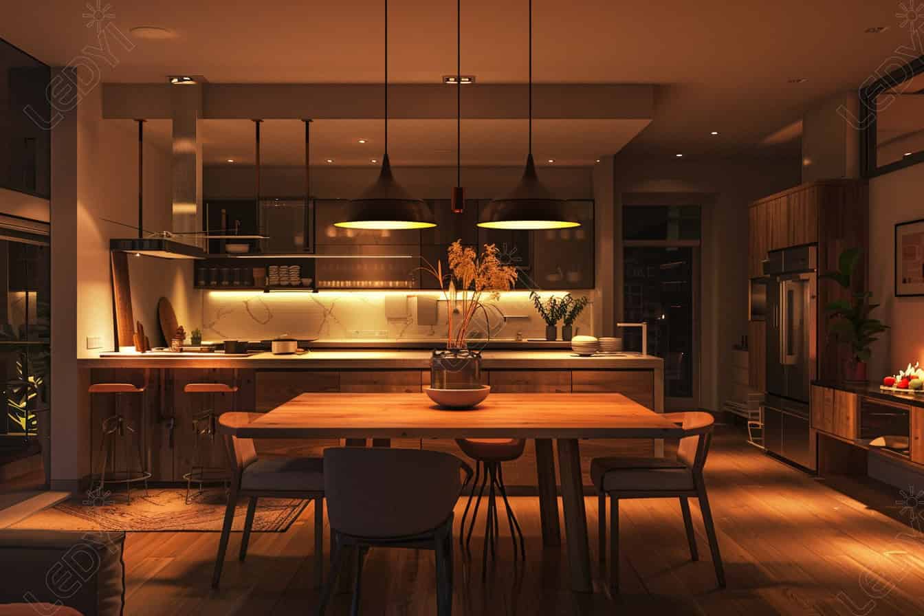 Cozy modern kitchen with island and dining table.