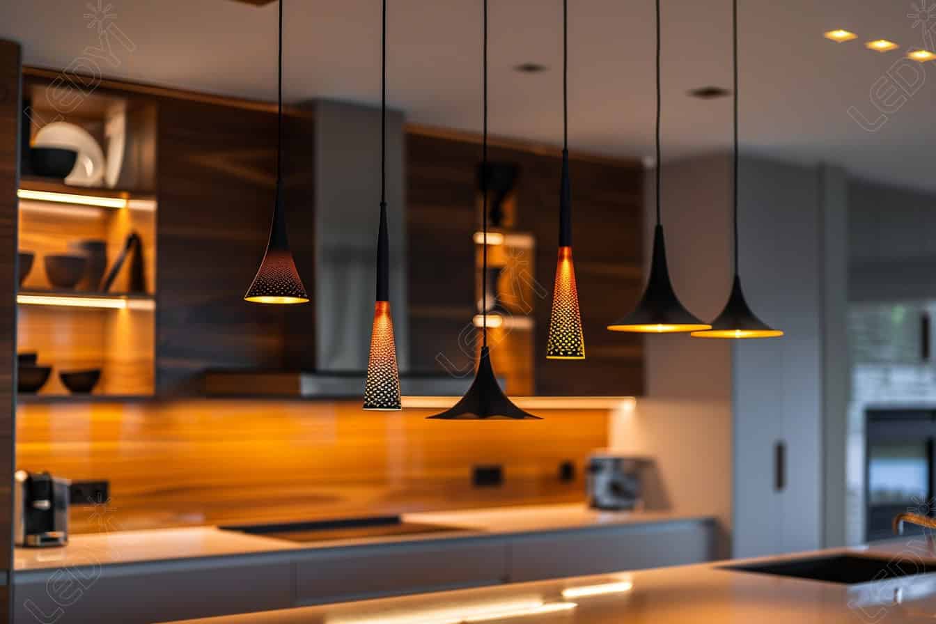 Modern kitchen with stylish pendant lights.