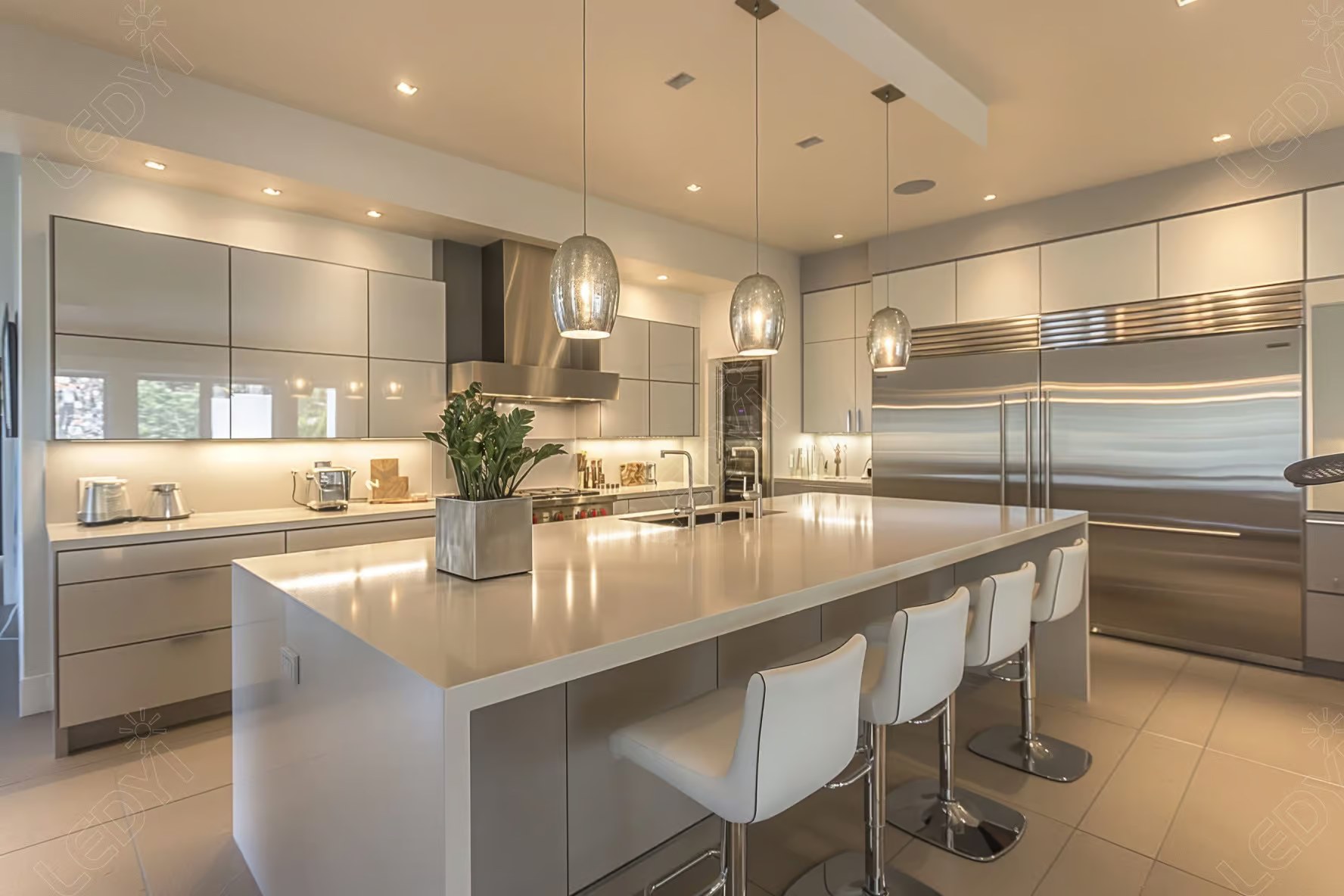 Modern kitchen with island, stools, and stainless steel appliances.