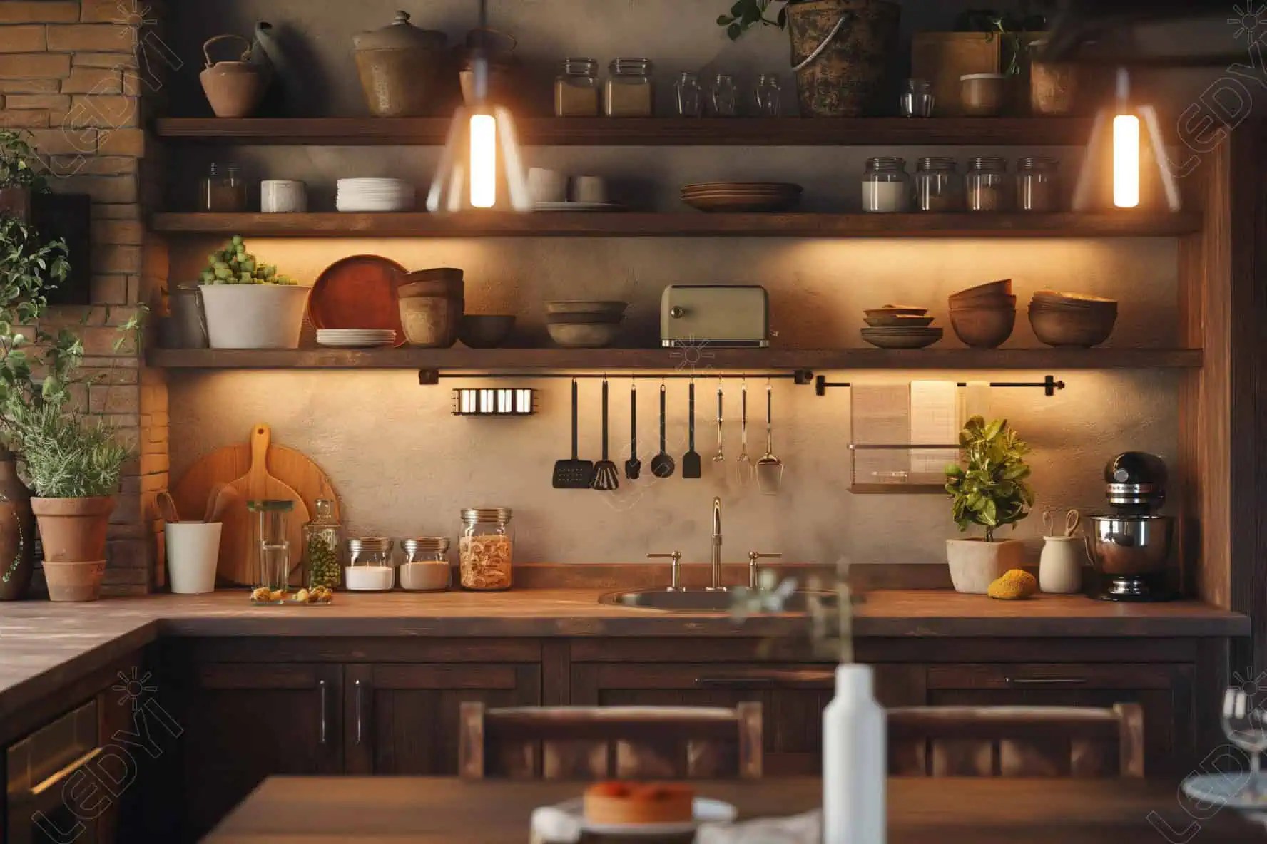 Rustic kitchen with wooden shelves and hanging utensils.
