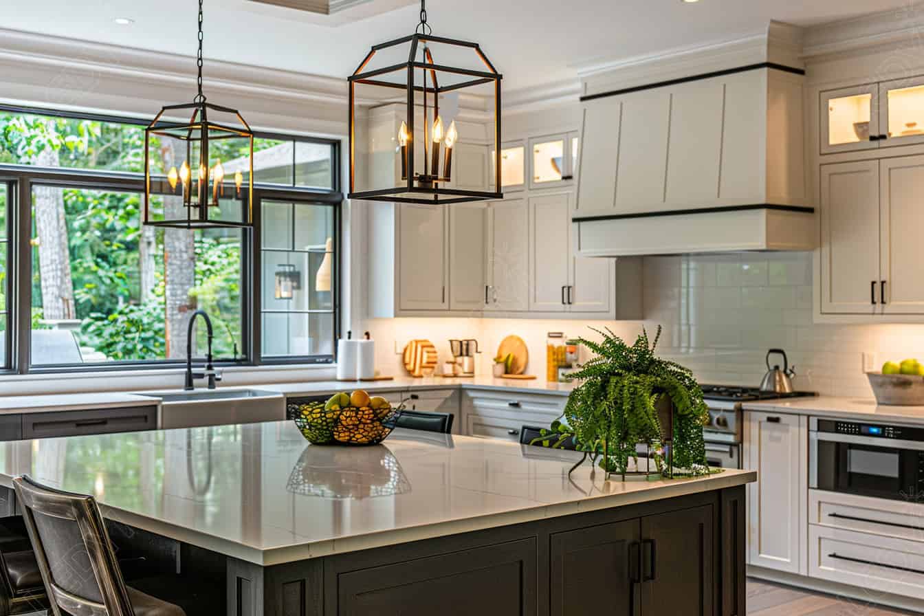 Modern kitchen with island, pendant lights, and large windows.