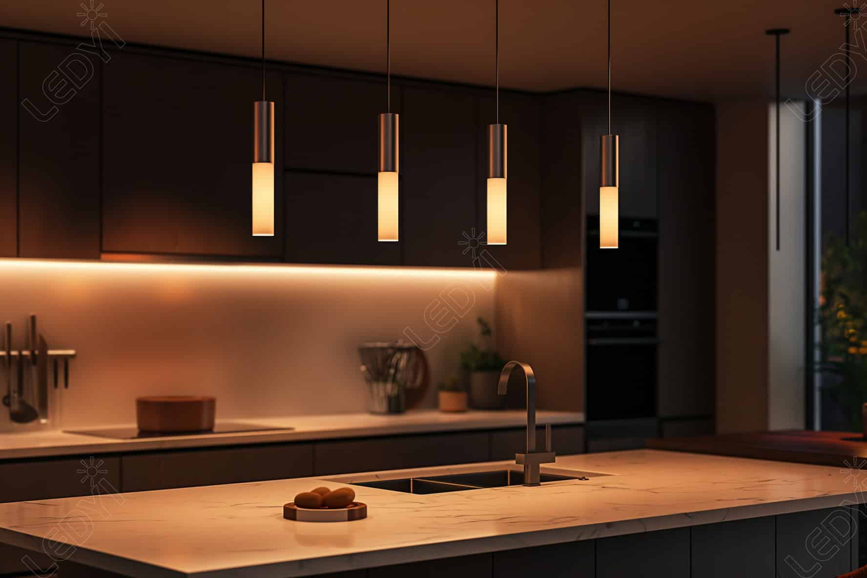 Modern kitchen with pendant lights and marble island.