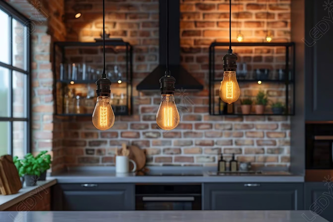 Modern kitchen with industrial lighting and exposed brick walls.