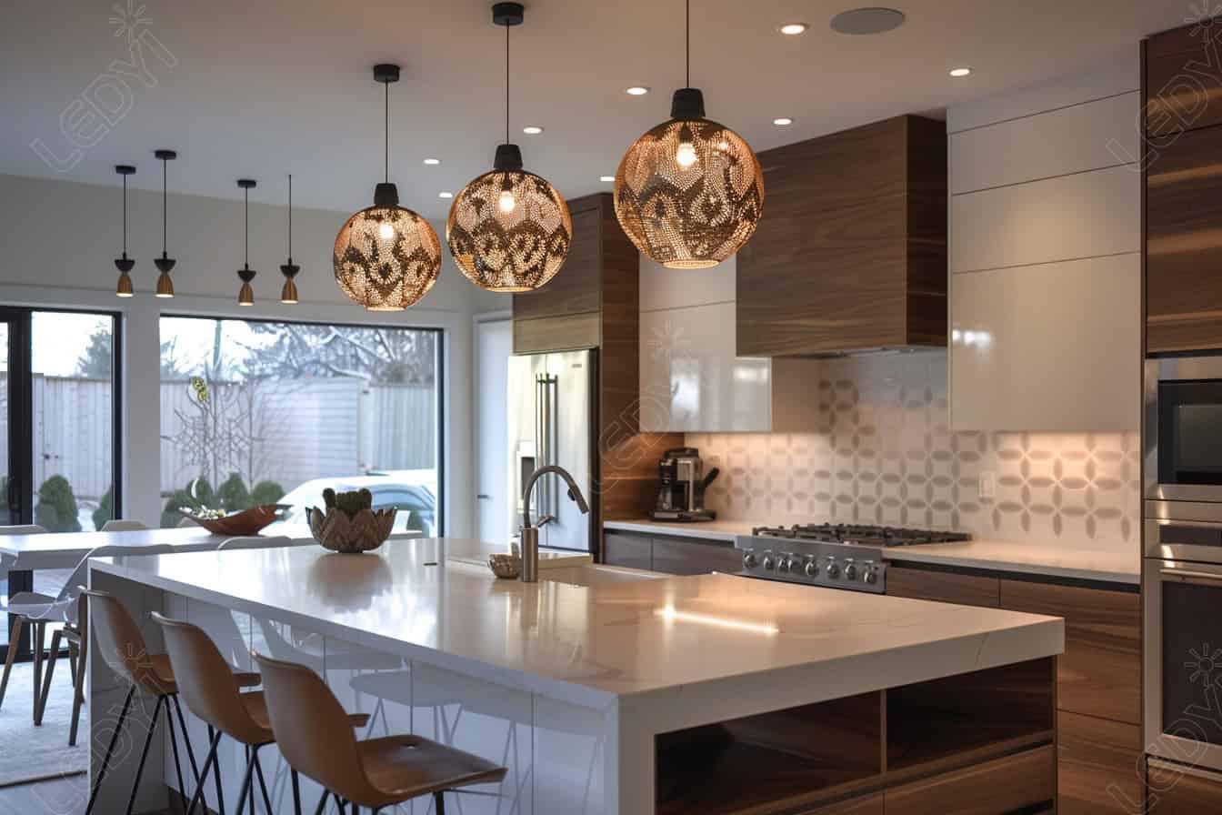 Modern kitchen with island, pendant lights, and wooden cabinets.