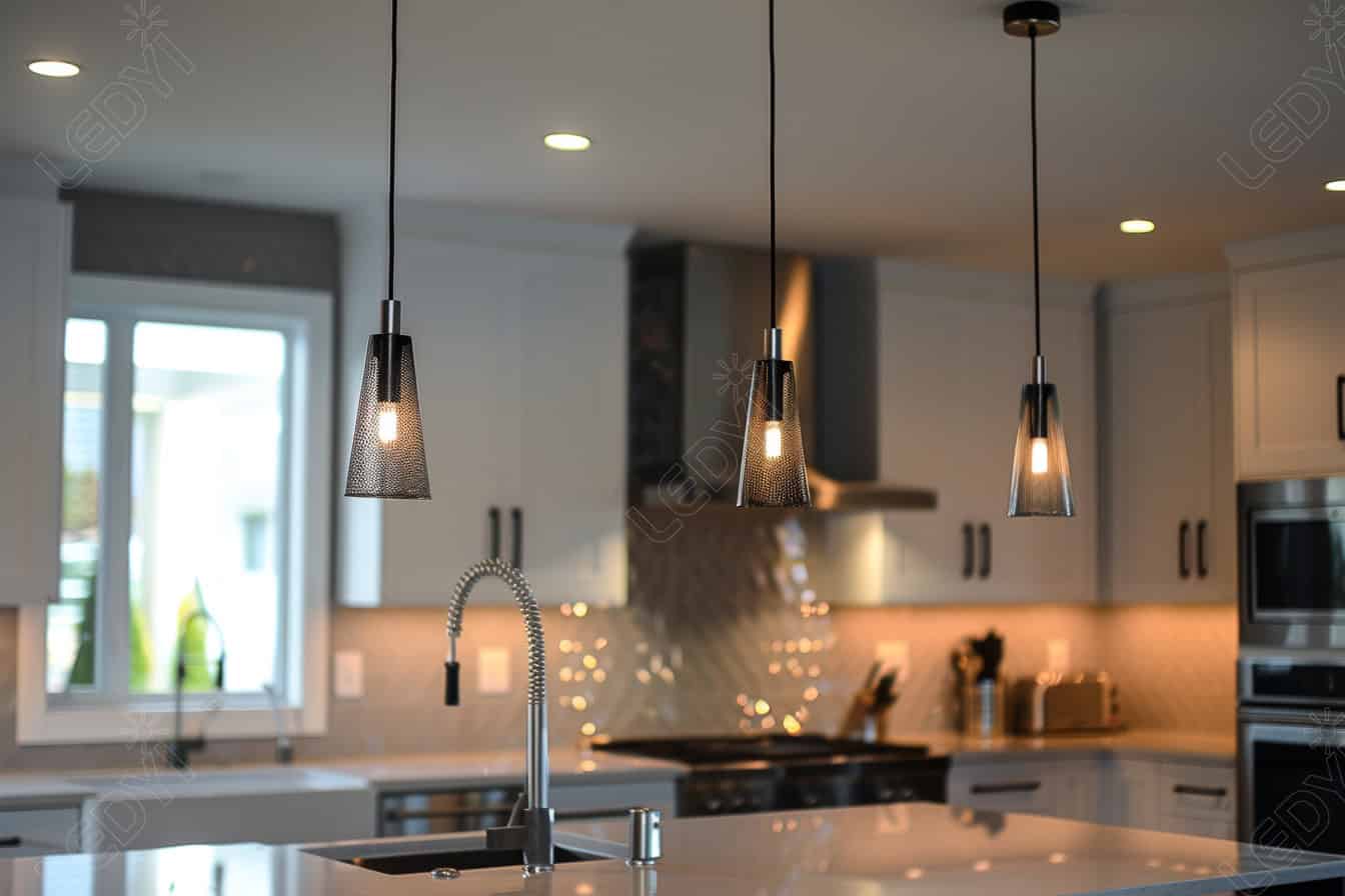 Modern kitchen with pendant lights and stainless steel appliances.