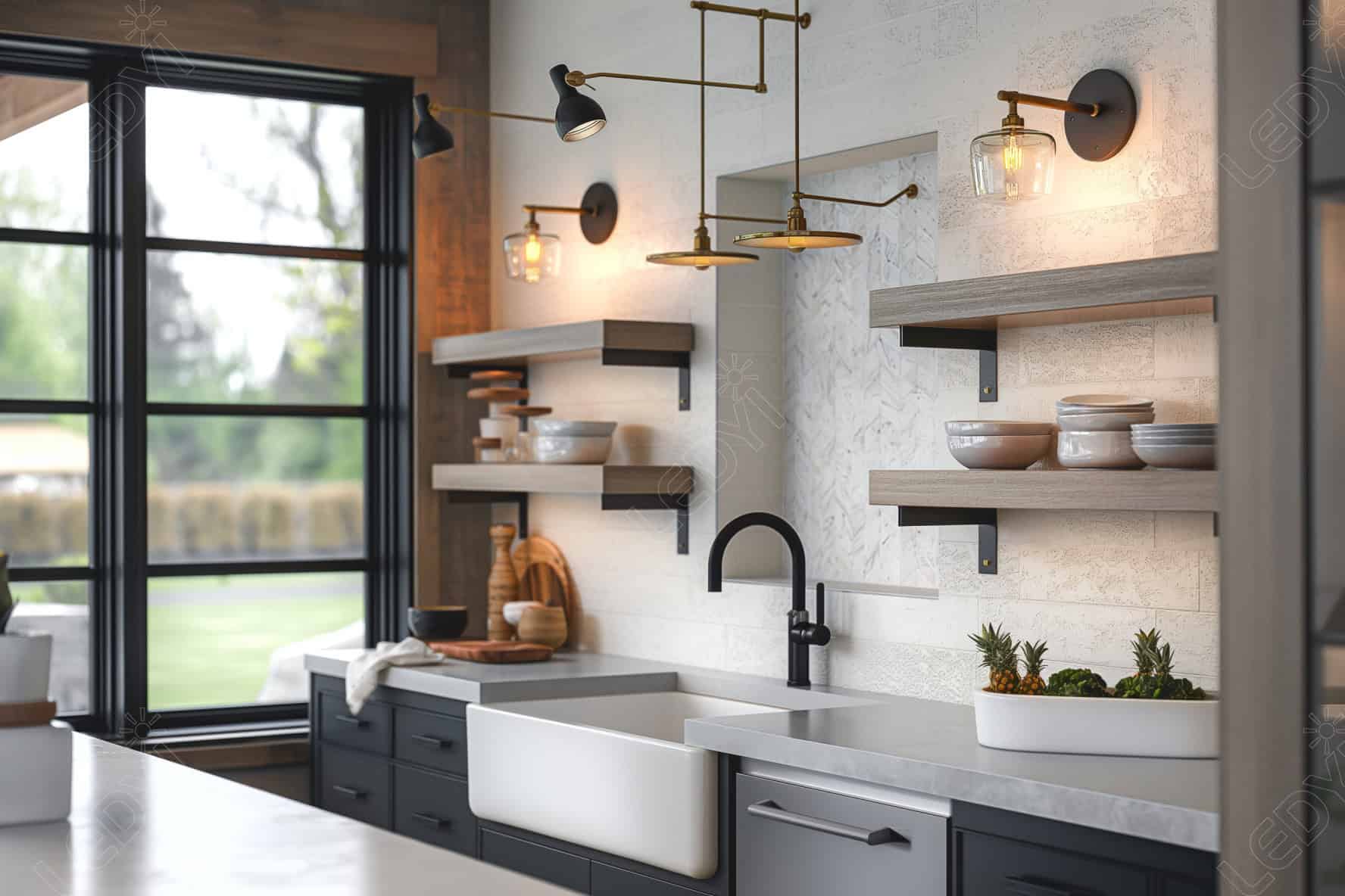 Modern kitchen with floating shelves and large windows.