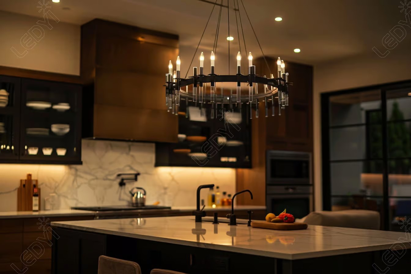 Modern kitchen with island and chandelier lighting.