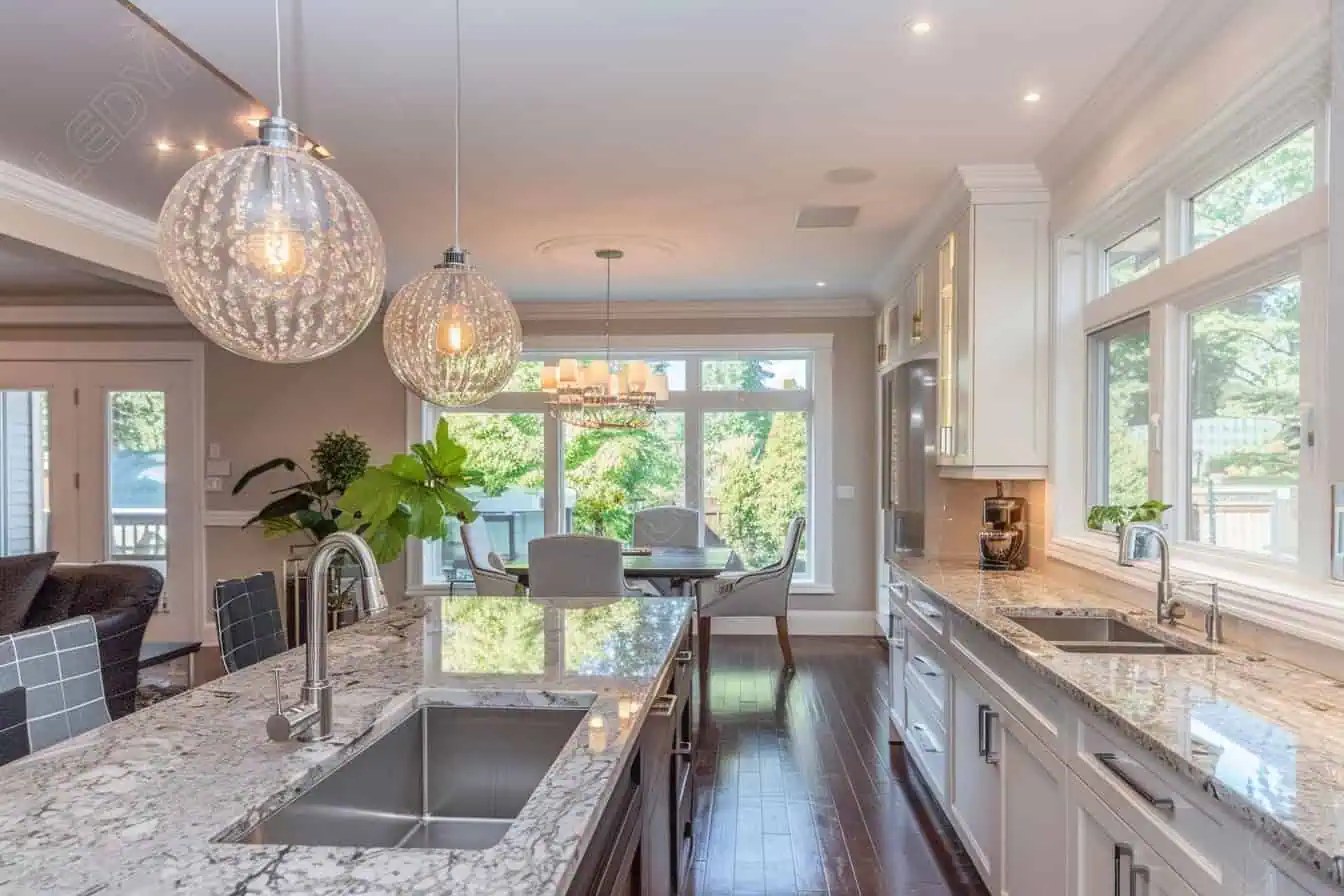 Modern kitchen with granite countertops and pendant lighting.