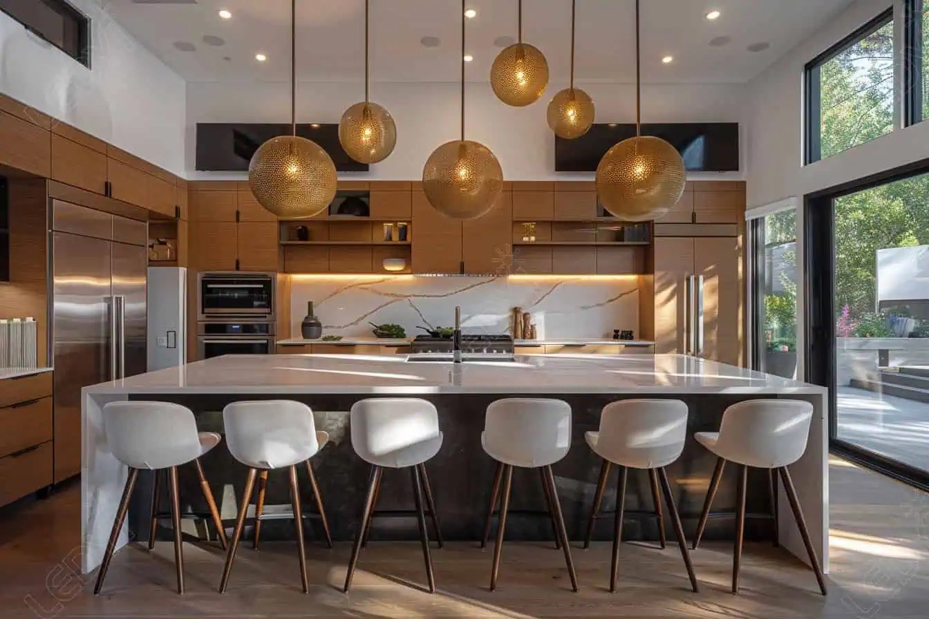 Modern kitchen with island, bar stools, and pendant lights.