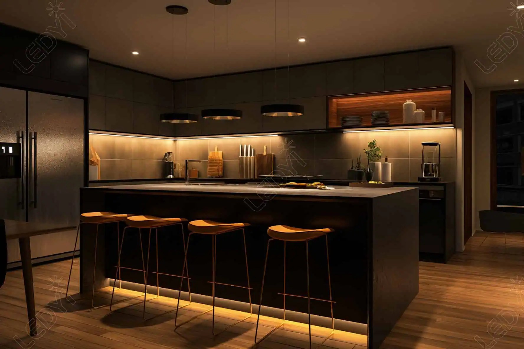 Modern kitchen with dark cabinets and illuminated island.