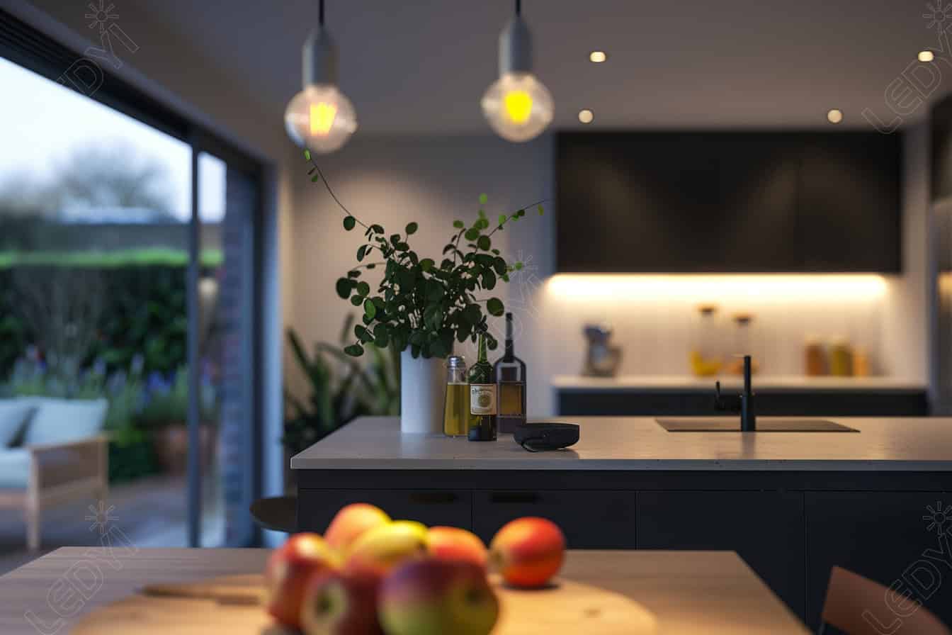 Modern kitchen with island, plants, and pendant lights.