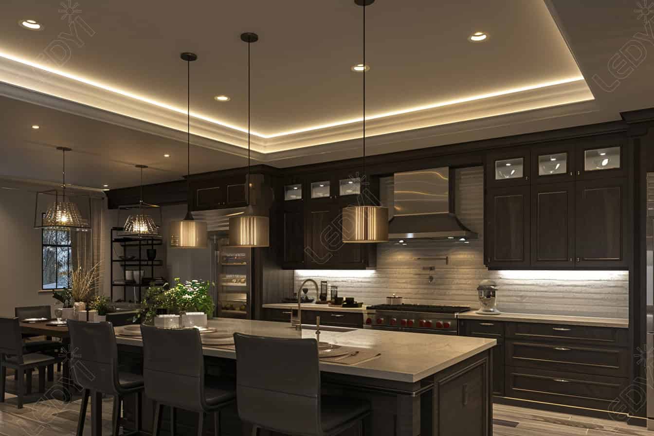 Modern kitchen with dark cabinets and island lighting