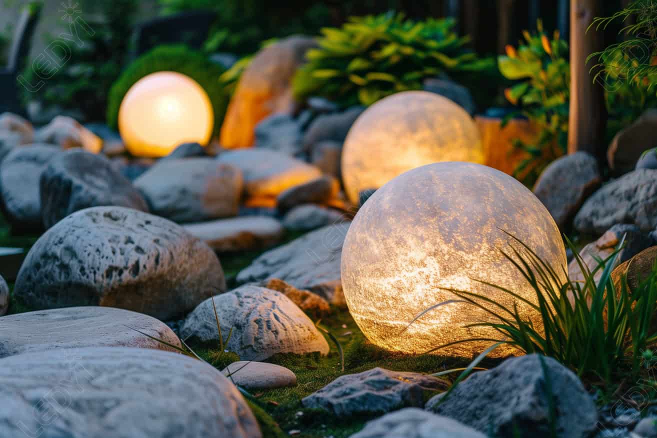 Glowing garden lights among rocks and plants.
