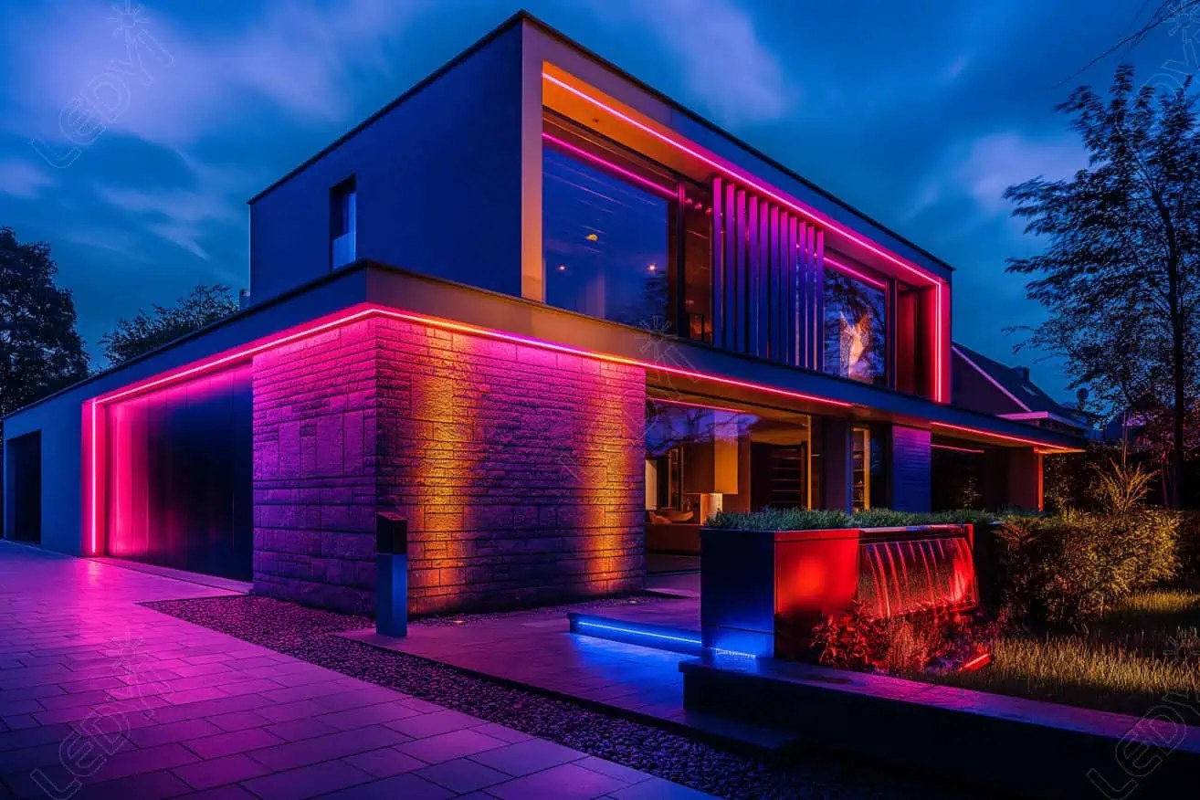 Modern house with vibrant neon exterior lighting.