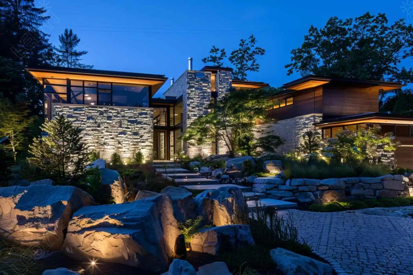 Modern house exterior lit at evening.
