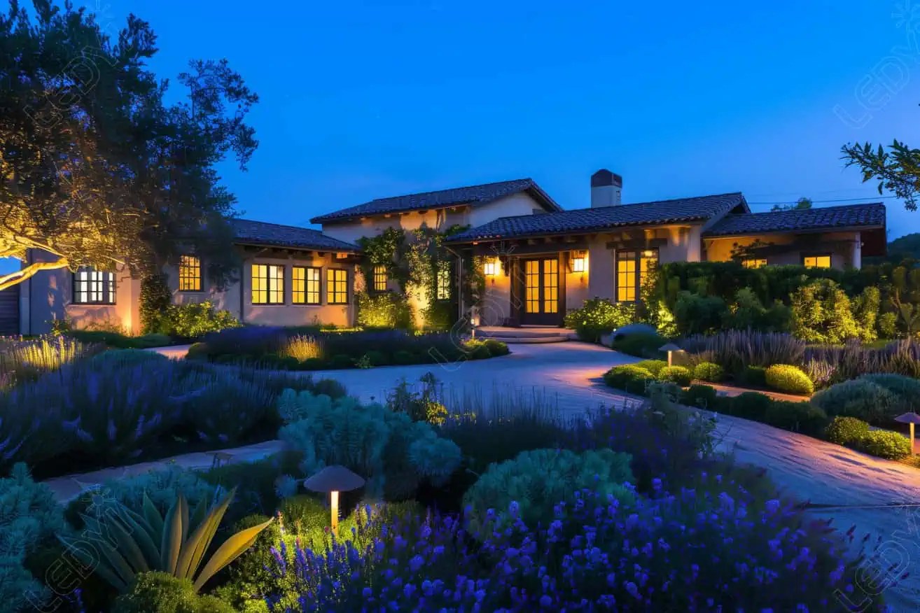 Beautifully lit house facade with lush garden at dusk.