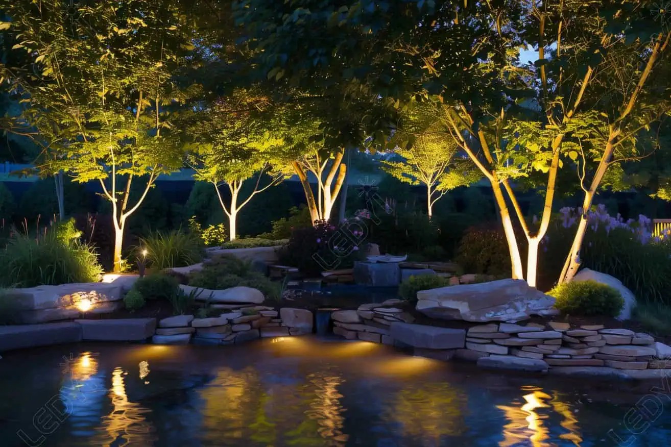 Illuminated garden trees reflecting in a serene pond.