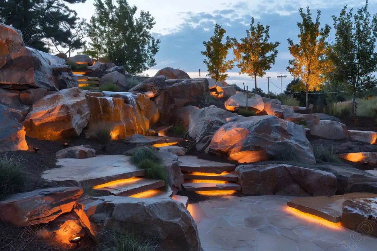 Illuminated rock garden with waterfall and trees at dusk.