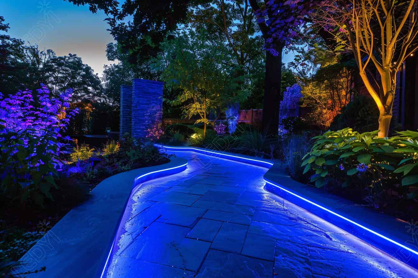 Illuminated garden path at night with colorful flowers.