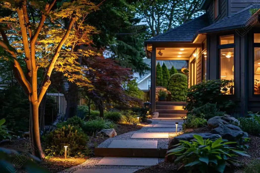Beautifully lit garden path leading to modern house entrance.