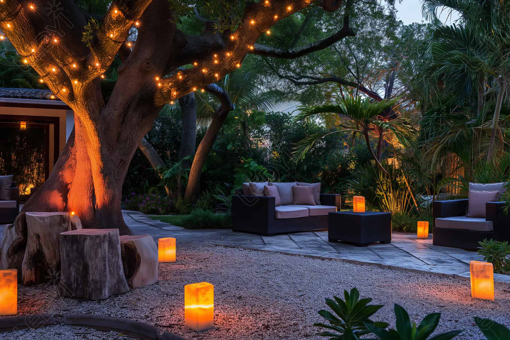Cozy outdoor seating area with string lights and lanterns.