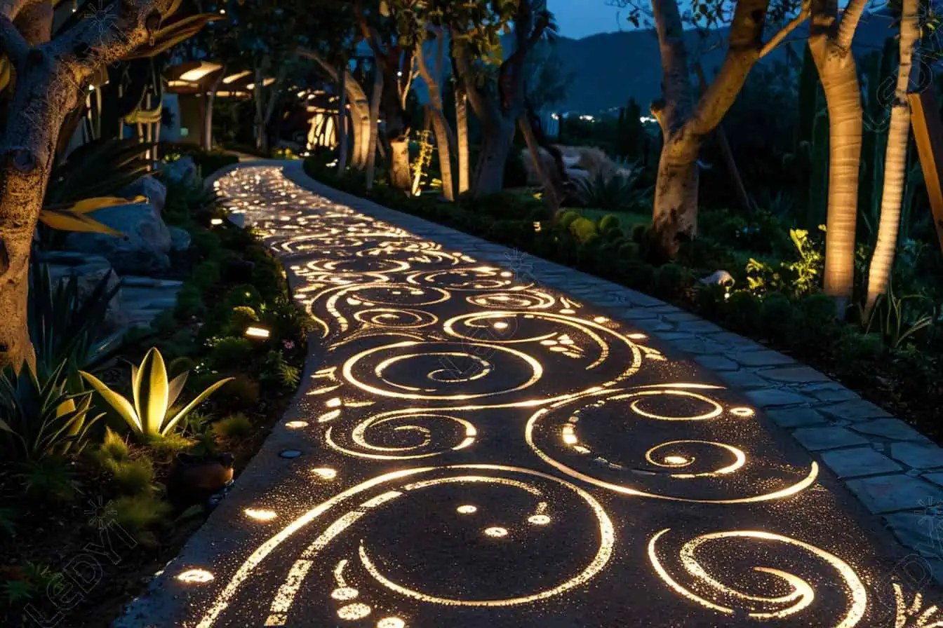 Illuminated garden pathway with intricate lighting design.