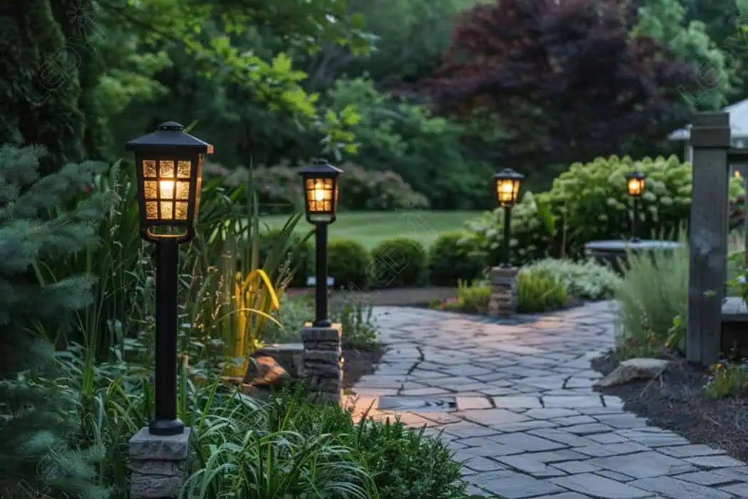 Illuminated stone pathway with garden lanterns at dusk.