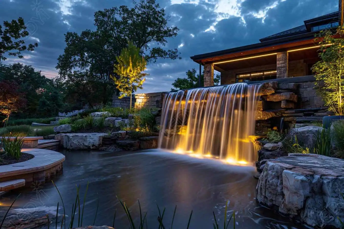 Illuminated outdoor waterfall at night.