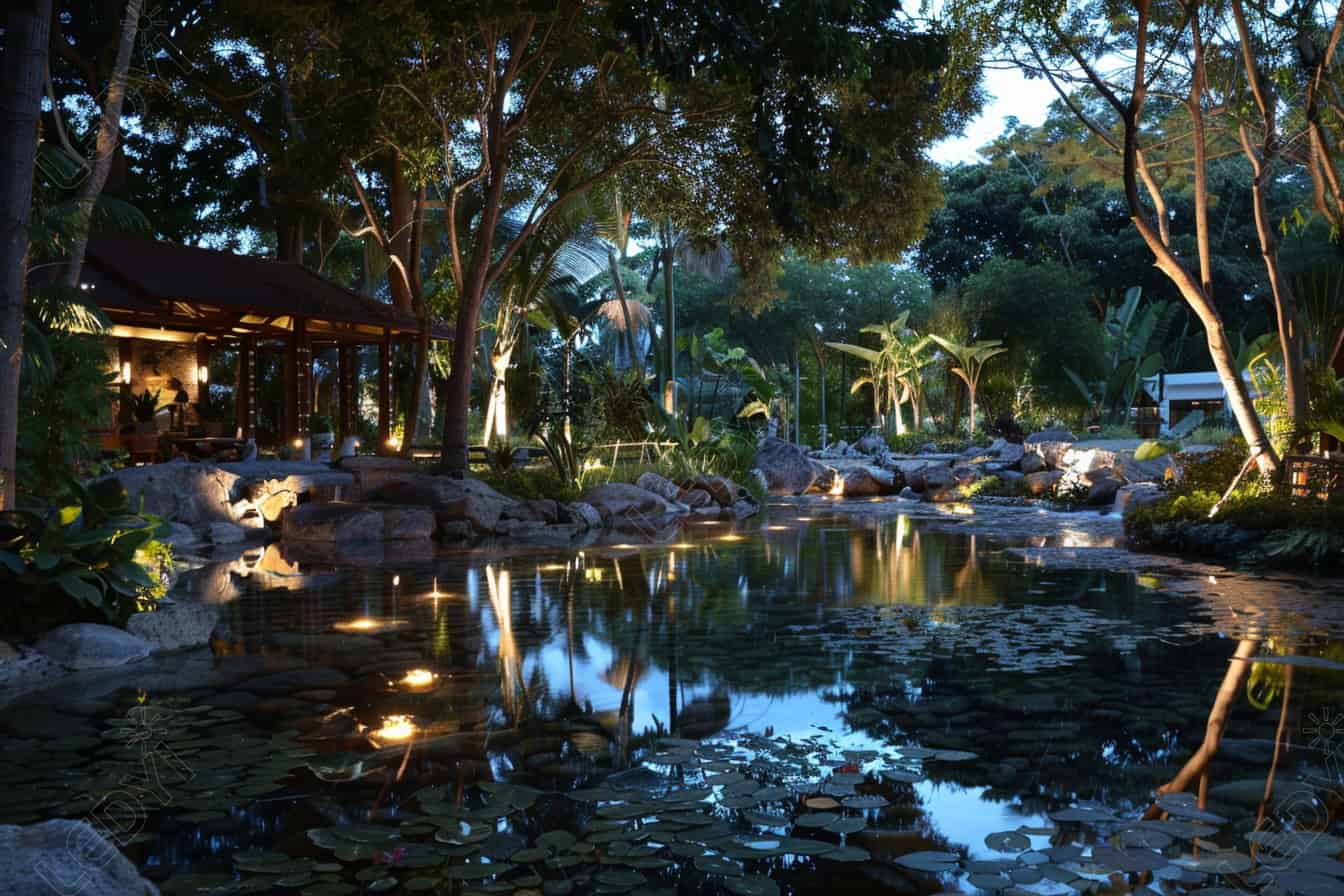 Peaceful garden with pond and evening lights.