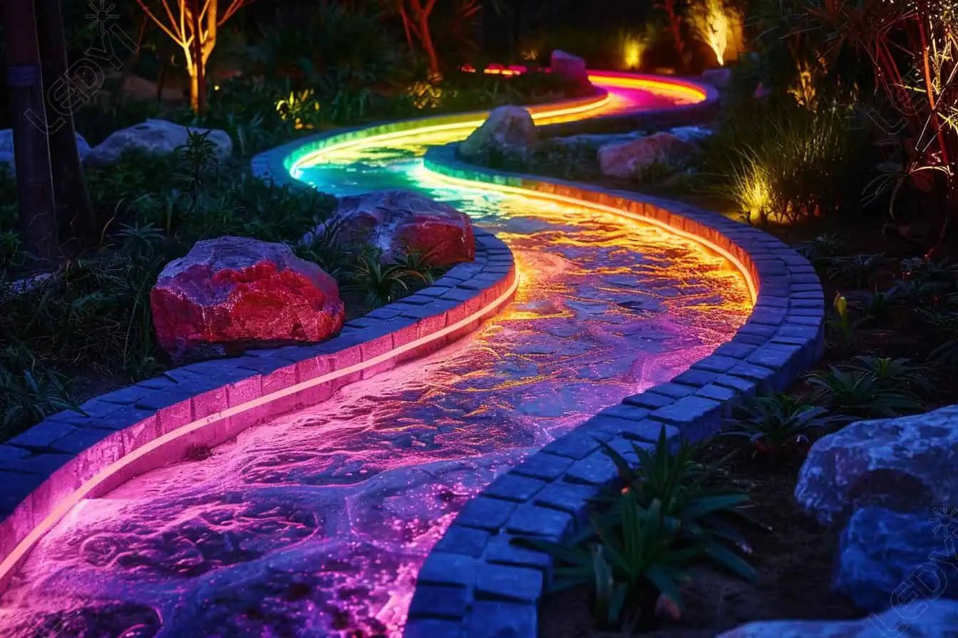 Colorful LED-lit garden path at night.