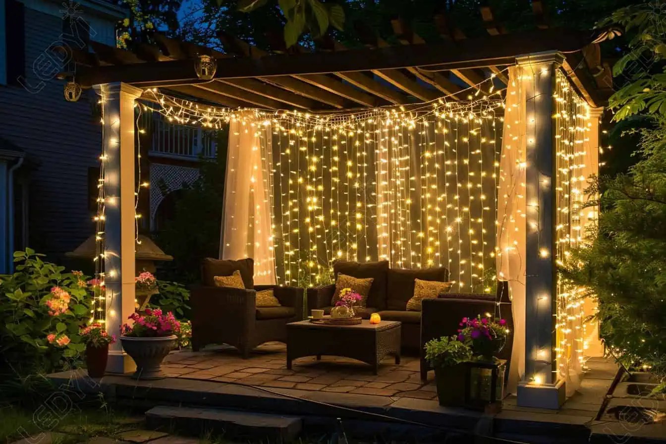 Cozy backyard patio with fairy lights at night.