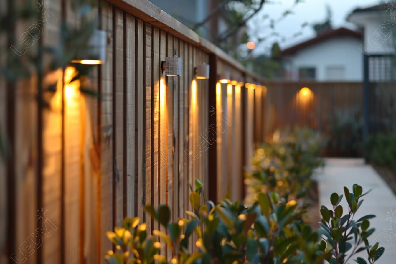 Outdoor fence lights illuminating pathway.