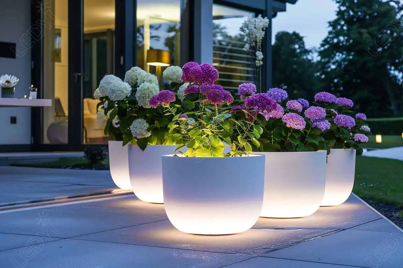 Illuminated planters with flowers on modern patio at night.