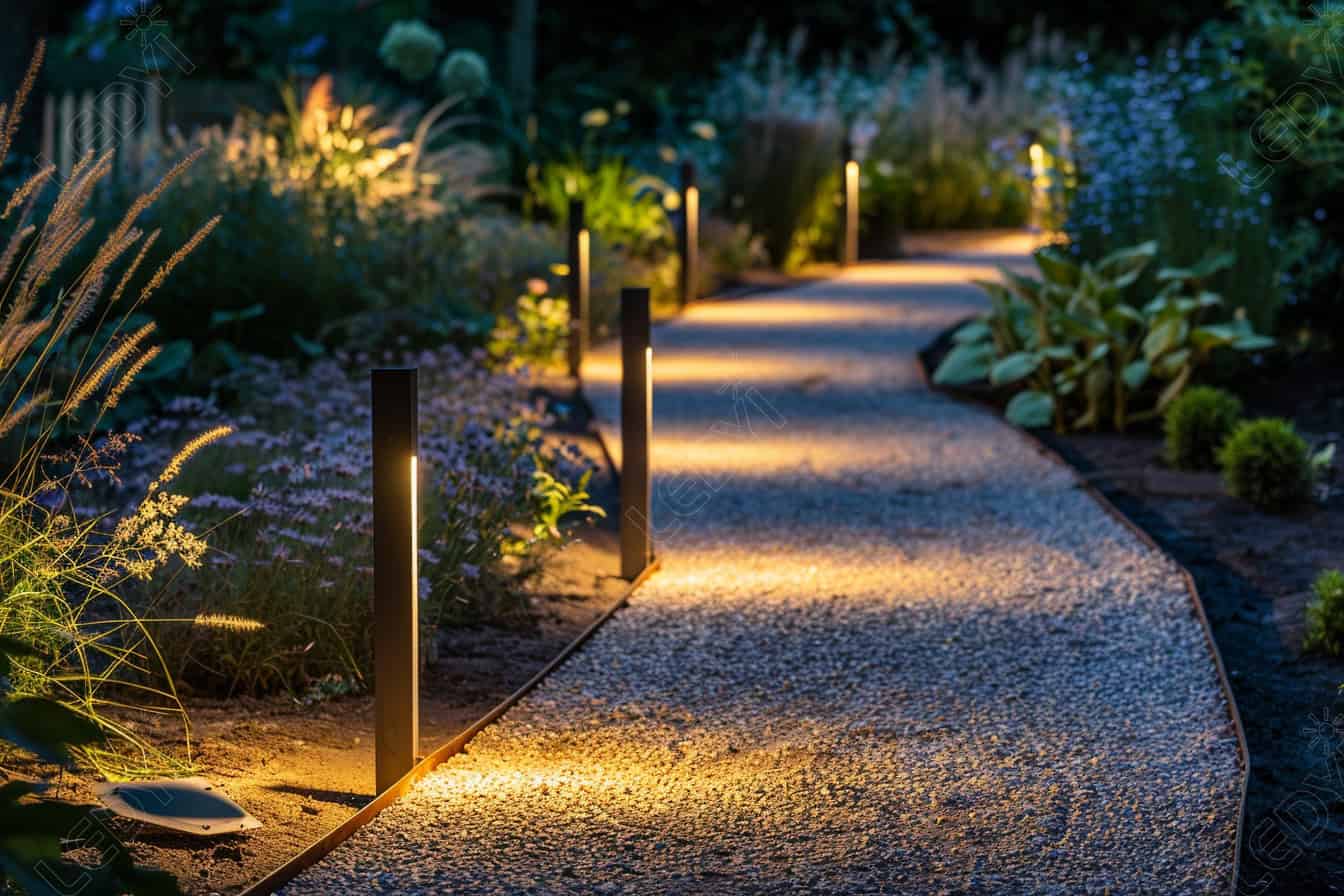 Illuminated garden pathway with modern landscape lighting.