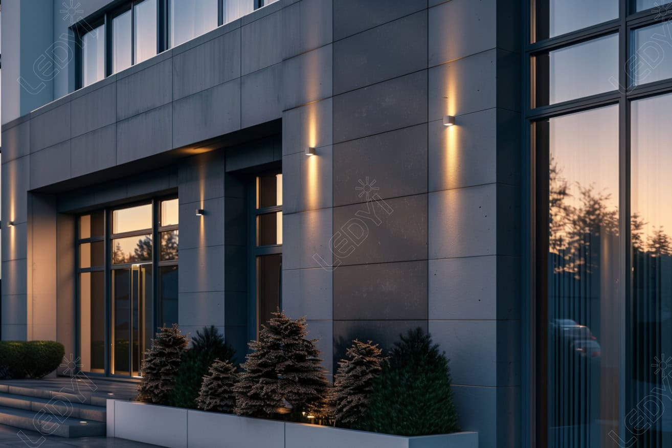 Modern building entrance with exterior lighting at sunset.