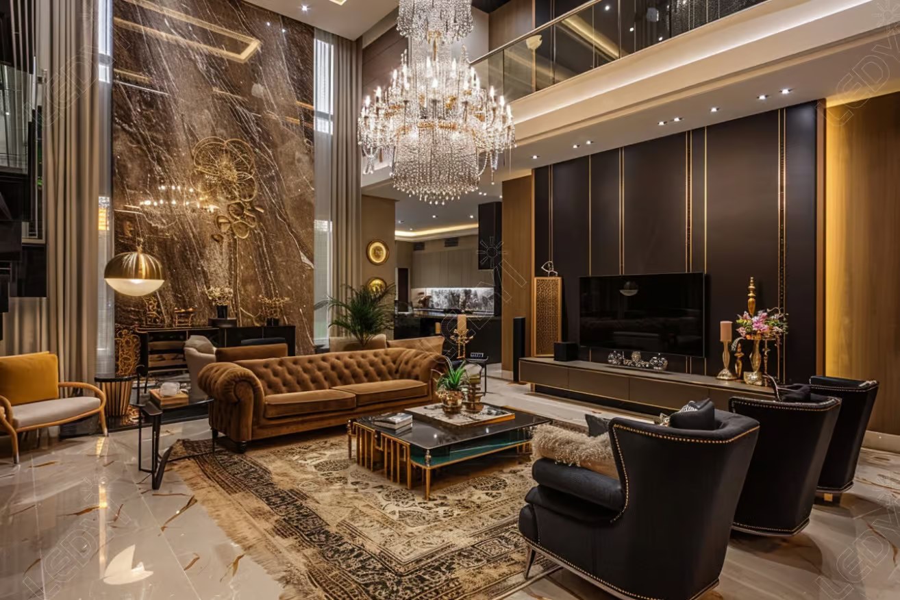 Luxurious living room with high ceiling and chandelier.