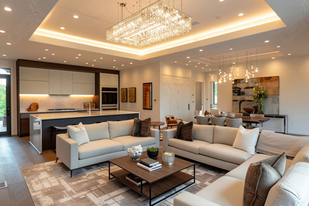 Modern open-concept living room and kitchen with chandeliers.