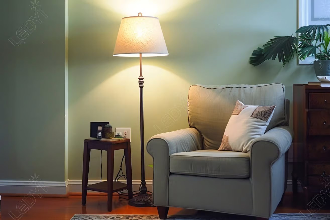Cozy living room with armchair and floor lamp.