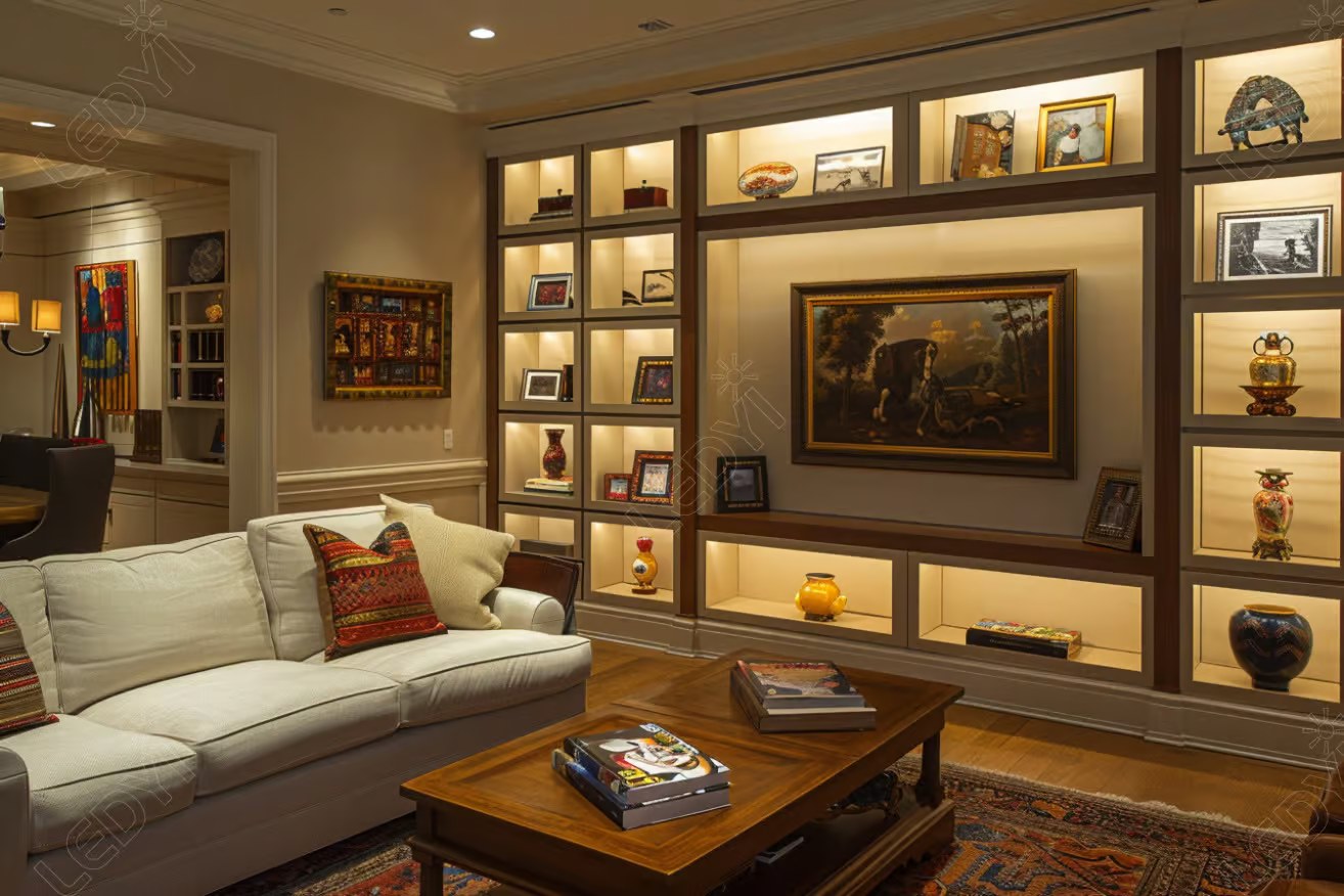 Cozy living room with illuminated bookshelf displays and artwork.