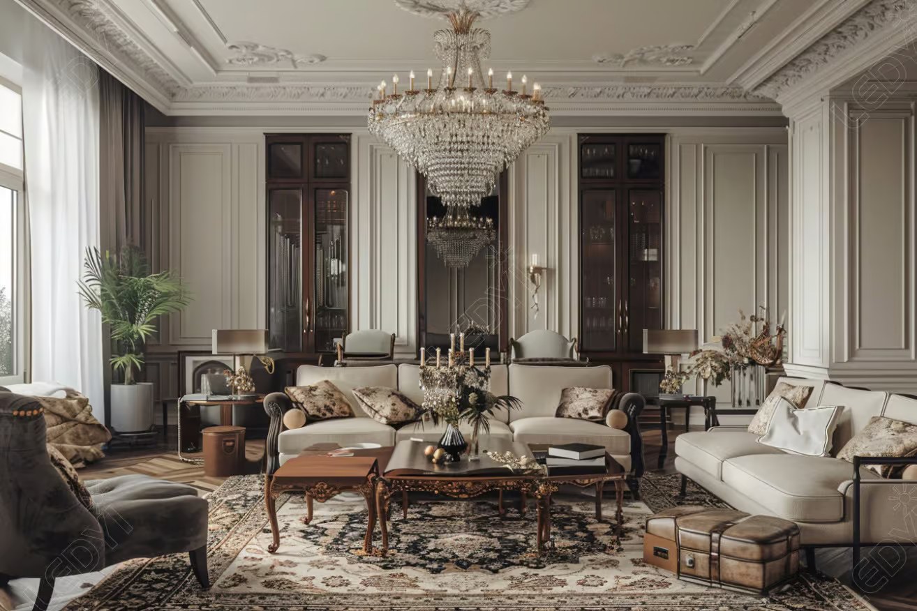Elegant living room with classic decor and chandelier.